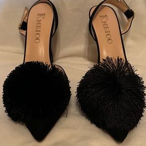 New puff pom pom stilettos, pointed toe, black suede, sling back.